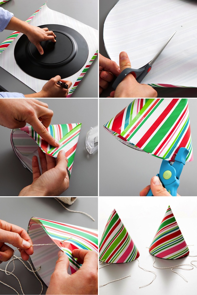 Haz sombreros de fiesta para reciclar el papel de regalo de la Navidad