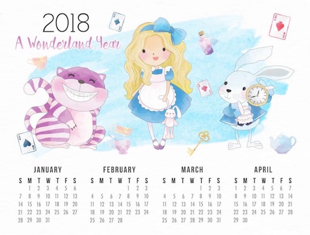 Calendario infantil para imprimir del 2018 de Alicia en el país de las maravillas