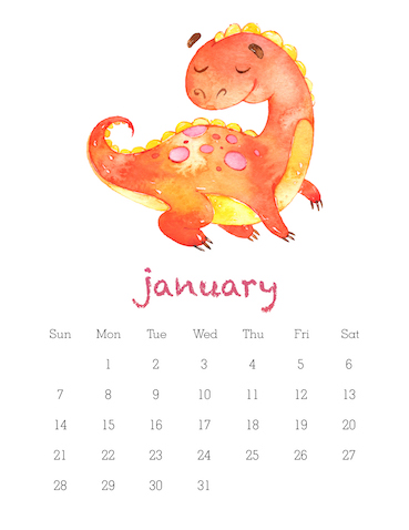 Calendario infantil de dinosaurios para 2019 para imprimir gratis